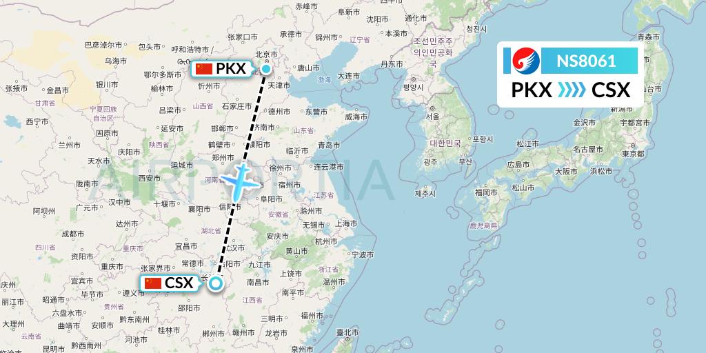 NS8061 Hebei Airlines Flight Map: Beijing to Changsha