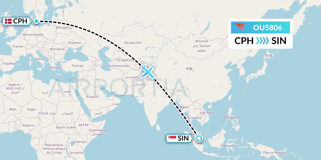 OU5806 Croatia Airlines Flight Map: Copenhagen to Singapore