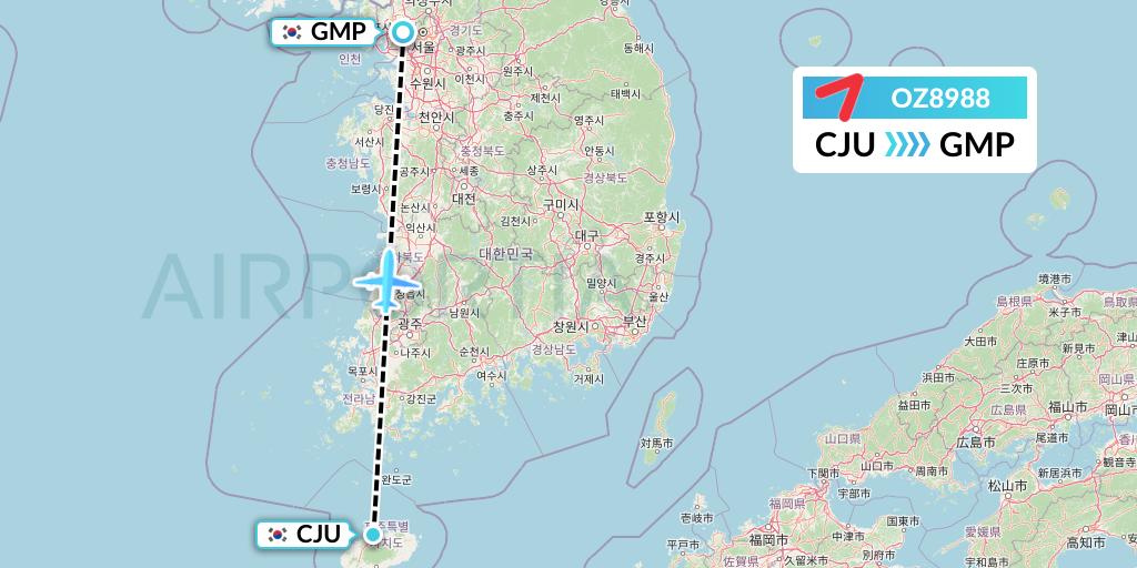 OZ8988 Asiana Airlines Flight Map: Jeju to Seoul