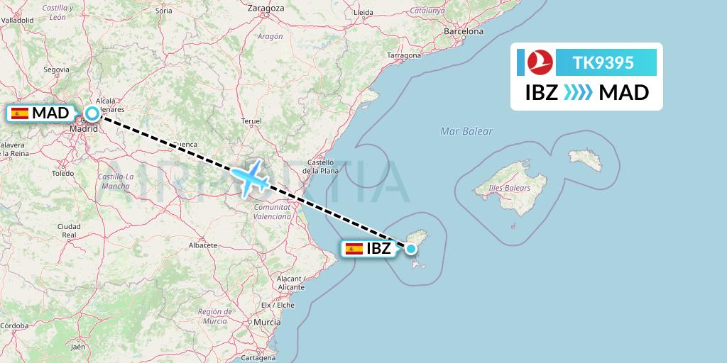 TK9395 Turkish Airlines Flight Map: Ibiza to Madrid