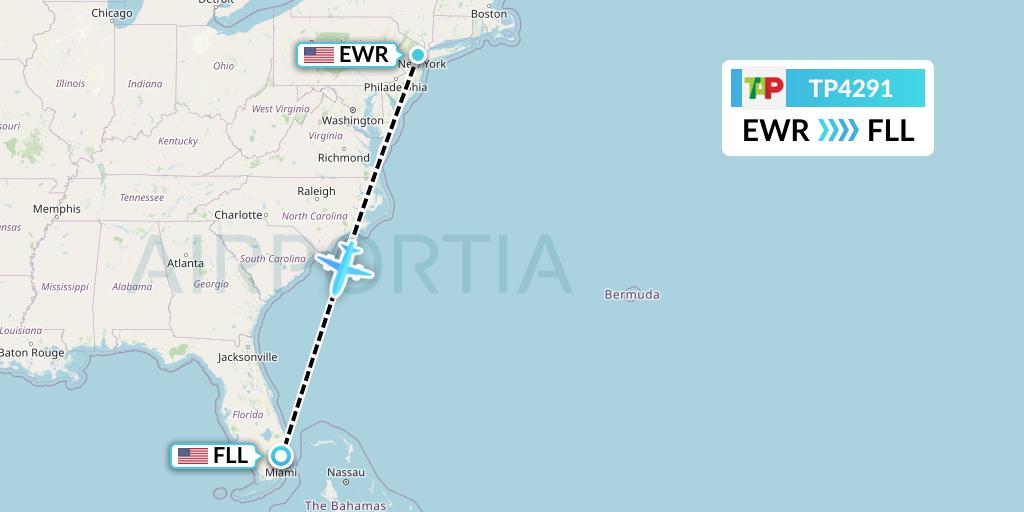TP4291 TAP Portugal Flight Map: New York to Fort Lauderdale