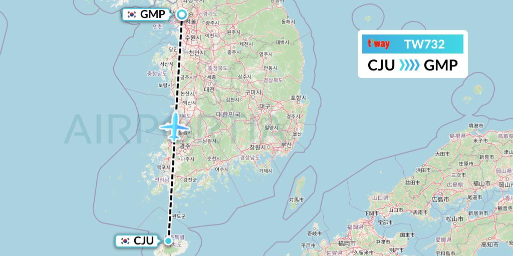 TW732 T'way Air Flight Map: Jeju to Seoul