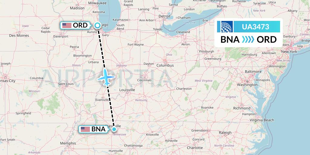 UA3473 United Airlines Flight Map: Nashville to Chicago
