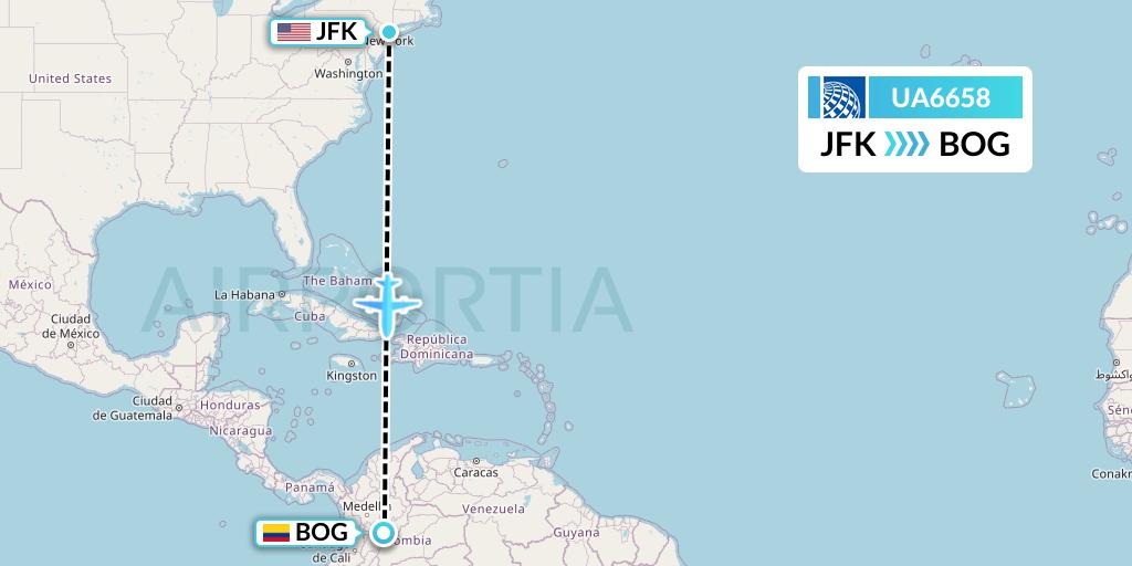 UA6658 United Airlines Flight Map: New York to Bogota