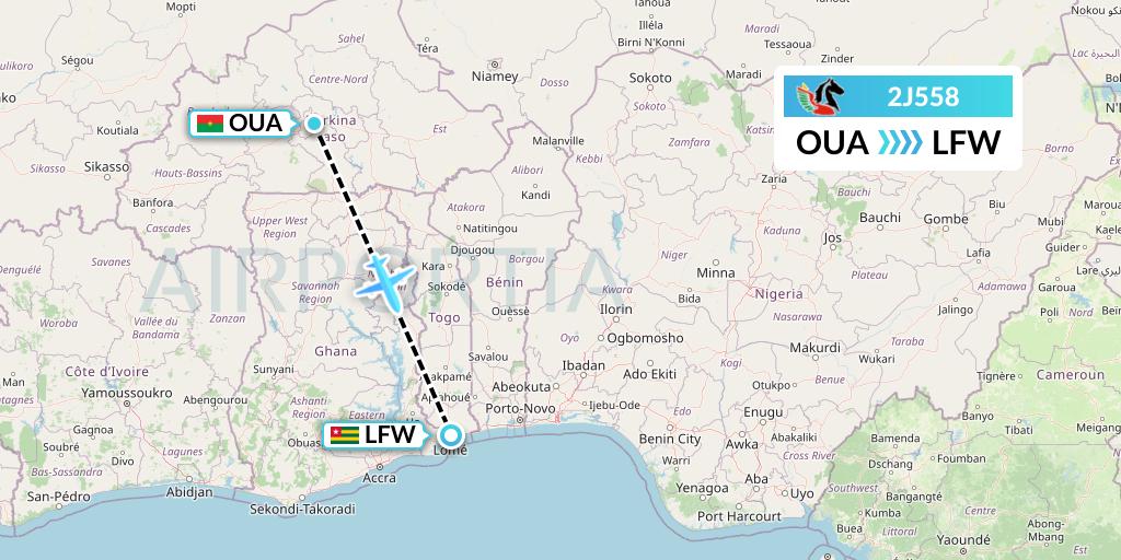 2J558 Air Burkina Flight Map: Ouagadougou to Lome