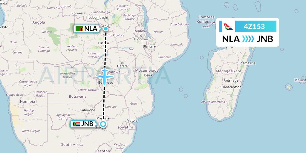 4Z153 Airlink Flight Map: Ndola to Johannesburg