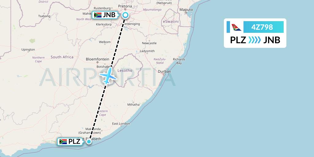 4Z798 Airlink Flight Map: Port Elizabeth to Johannesburg