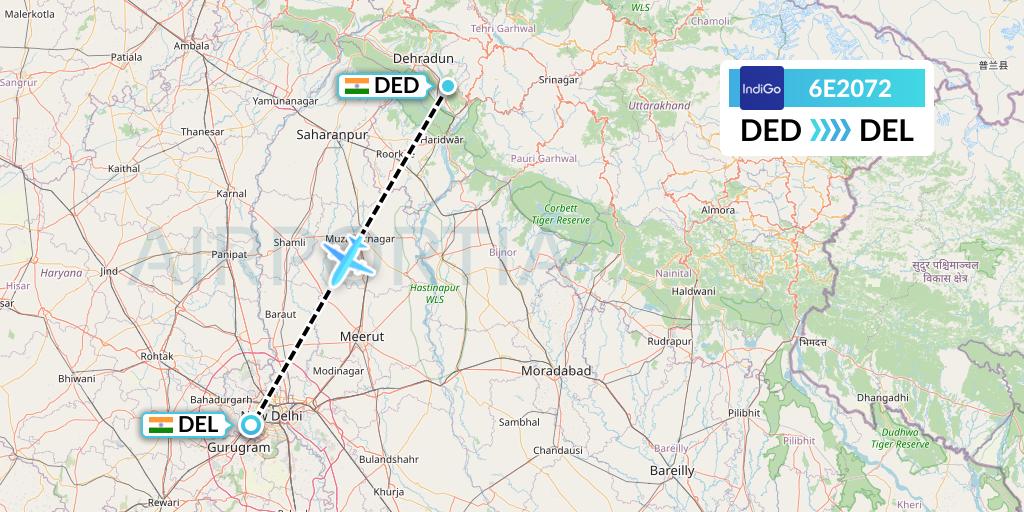 6E2072 IndiGo Airlines Flight Map: Dehradun to Delhi