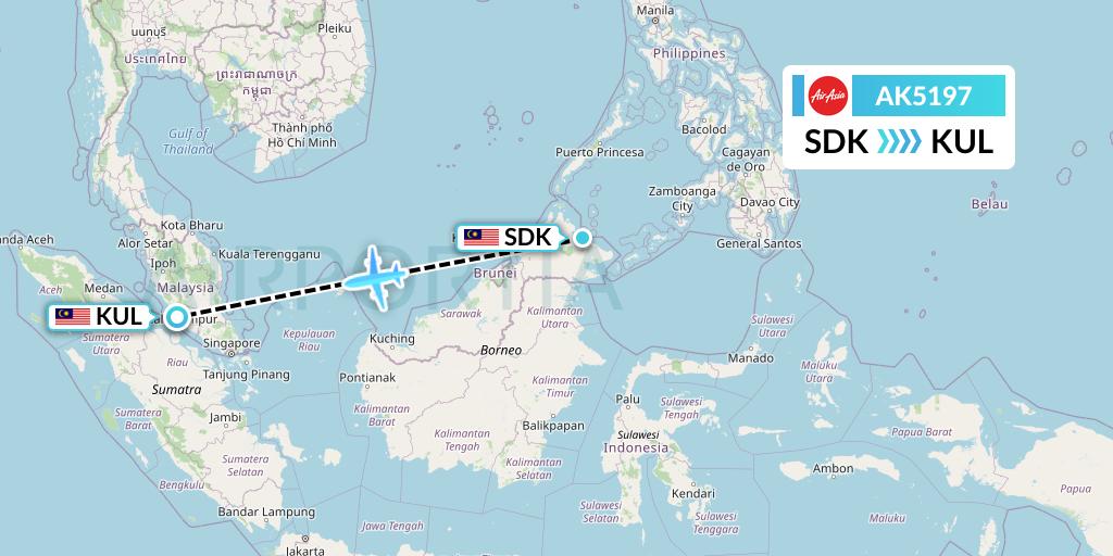 AK5197 AirAsia Flight Map: Sandakan to Kuala Lumpur