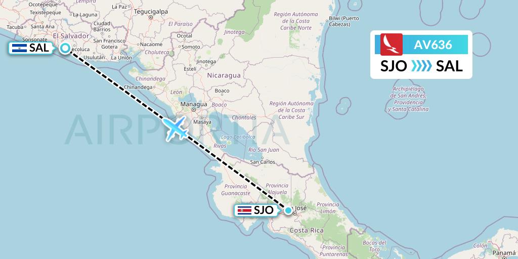 AV636 Avianca Flight Map: San Jose to San Salvador