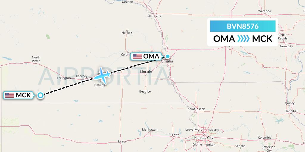 BVN8576 Baron Aviation Services Flight Map: Omaha to McCook