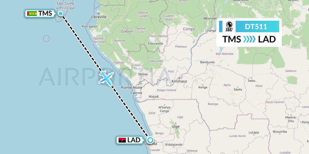 DT511 TAAG Angola Airlines Flight Map: Sao Tome to Luanda