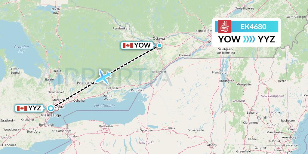 EK4680 Emirates Flight Map: Ottawa to Toronto