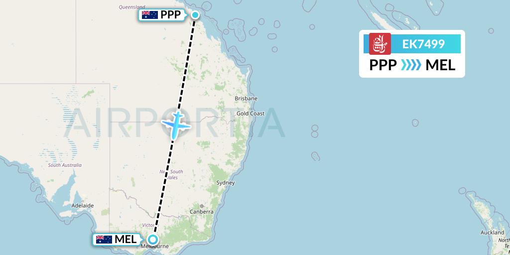 EK7499 Emirates Flight Map: Proserpine to Melbourne