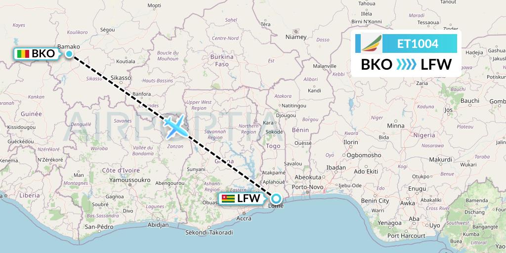 ET1004 Ethiopian Airlines Flight Map: Bamako to Lome