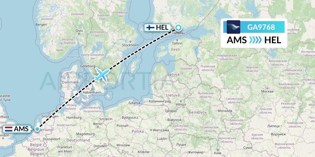 GA9768 Garuda Indonesia Flight Map: Amsterdam to Helsinki