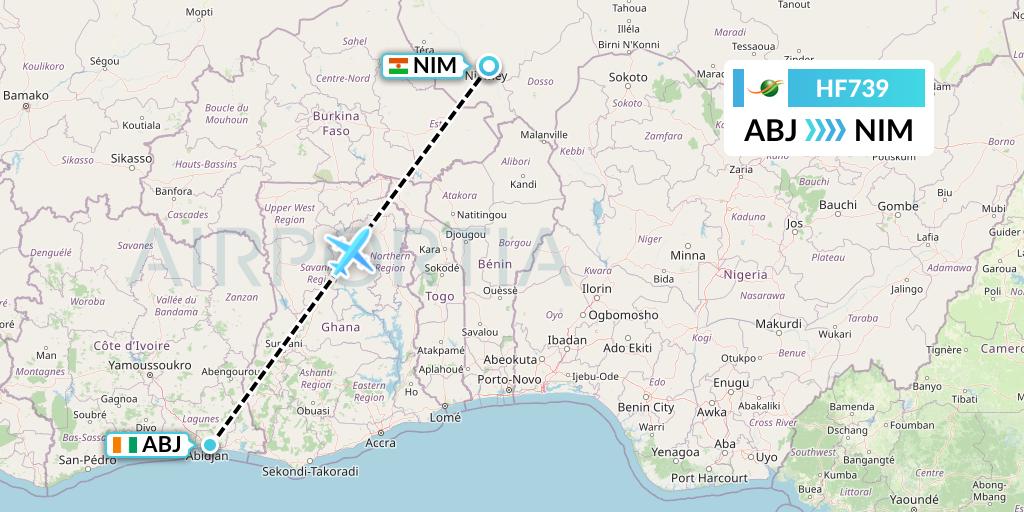 HF739 Air Cote d'Ivoire Flight Map: Abidjan to Niamey
