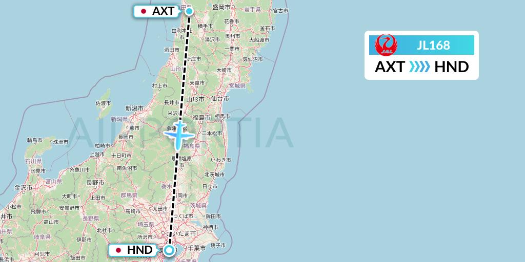 JL168 Japan Airlines Flight Map: Akita to Tokyo
