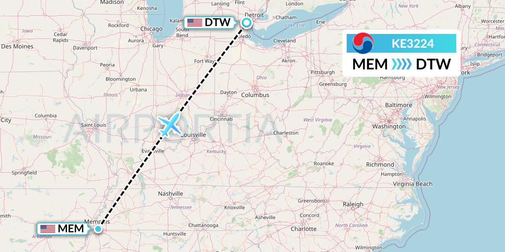 KE3224 Korean Air Flight Map: Memphis to Detroit