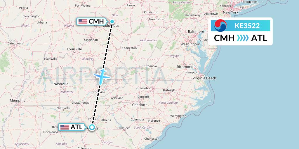 KE3522 Korean Air Flight Map: Columbus to Atlanta