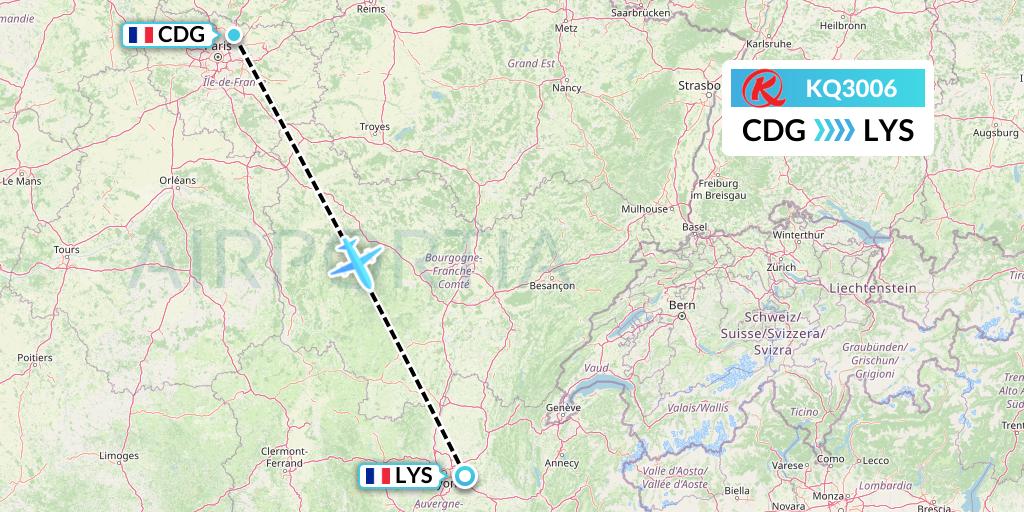 KQ3006 Kenya Airways Flight Map: Paris to Lyon