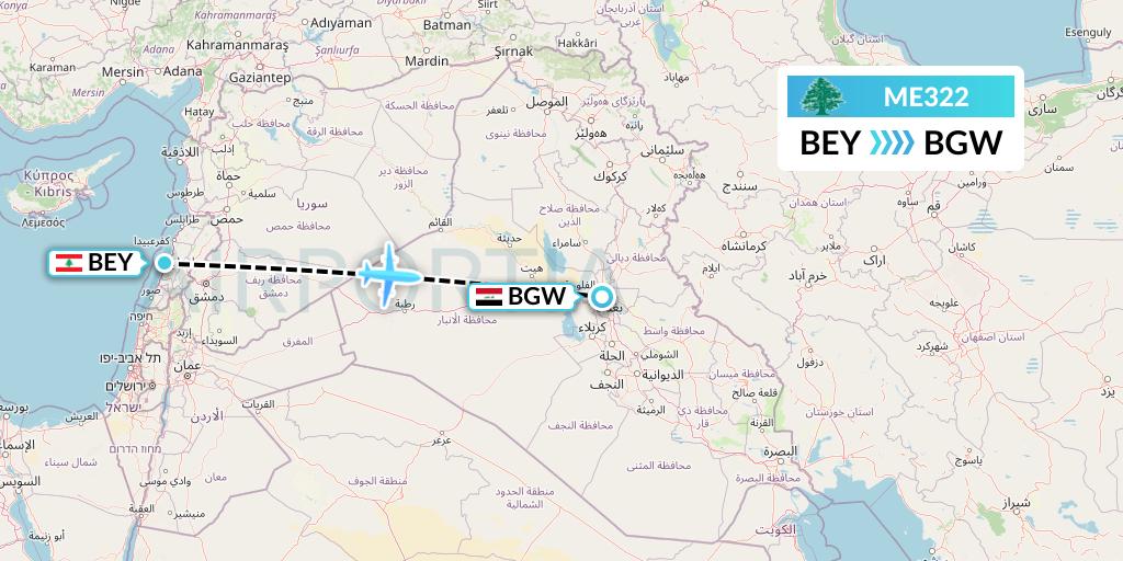 ME322 MEA Flight Map: Beirut to Baghdad