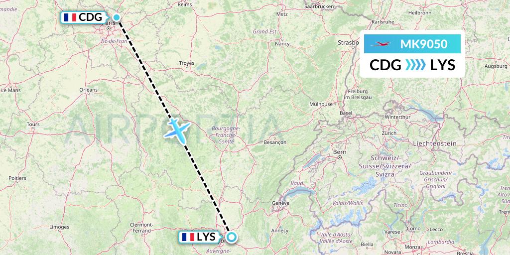 MK9050 Air Mauritius Flight Map: Paris to Lyon