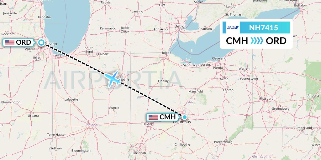 NH7415 All Nippon Airways Flight Map: Columbus to Chicago