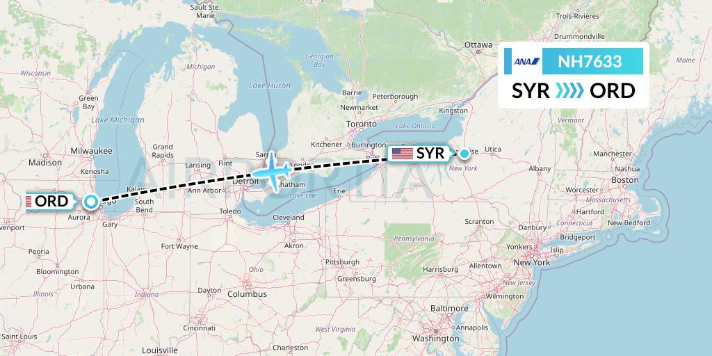 NH7633 All Nippon Airways Flight Map: Syracuse to Chicago