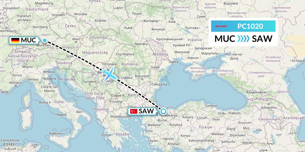 PC1020 Pegasus Airlines Flight Map: Munich to Istanbul