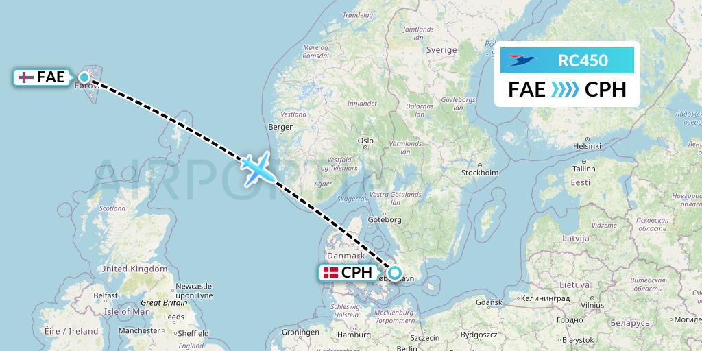 RC450 Atlantic Airways Flight Map: Vagar to Copenhagen
