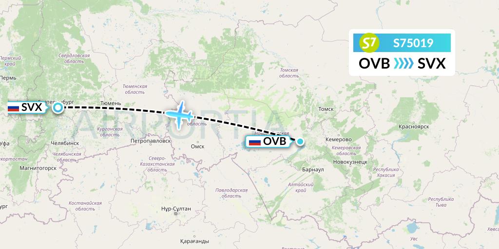 S75019 S7 Airlines Flight Map: Novosibirsk to Yekaterinburg
