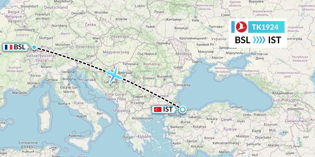 TK1924 Turkish Airlines Flight Map: Basel to Istanbul