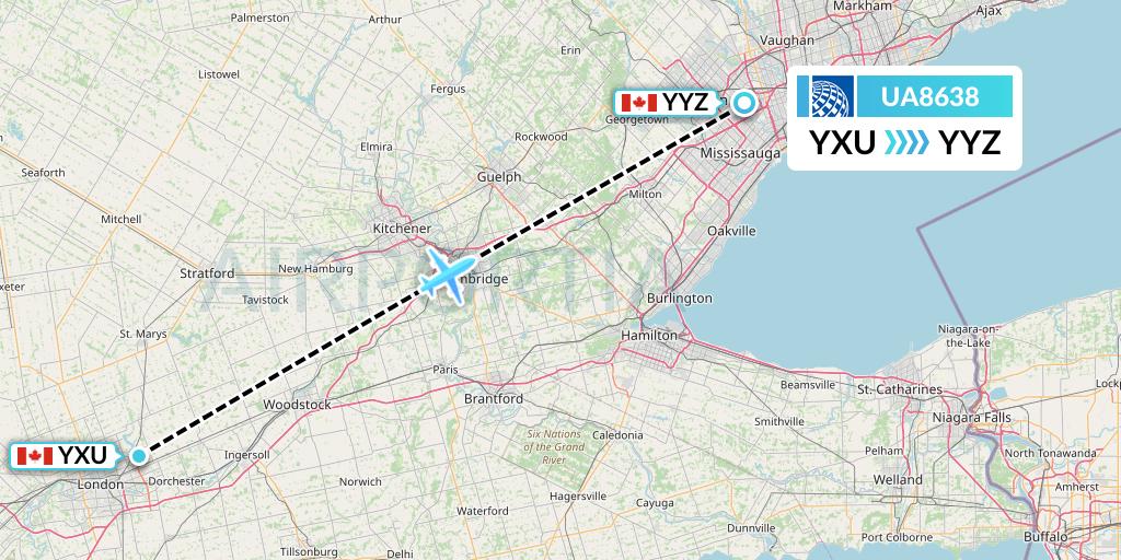 UA8638 United Airlines Flight Map: London to Toronto