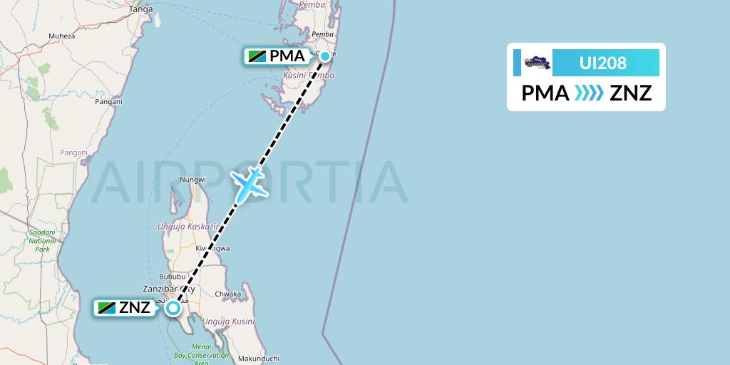 UI208 Auric Air Flight Map: Chake to Zanzibar