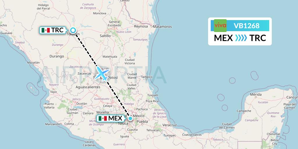 VB1268 VivaAerobus Flight Map: Mexico City to Torreon