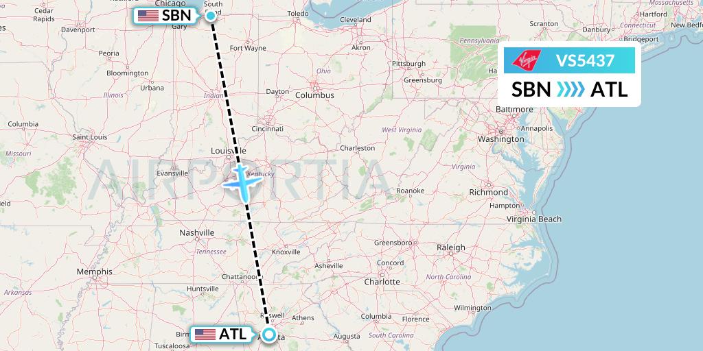 VS5437 Virgin Atlantic Airways Flight Map: South Bend to Atlanta