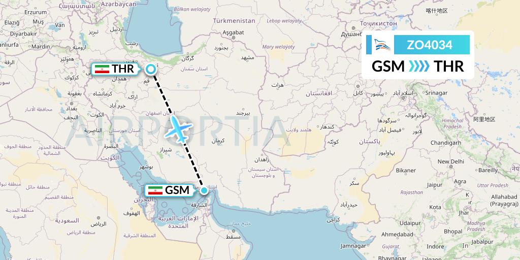 ZO4034 Zagros Airlines Flight Map: Qeshm Island to Tehran