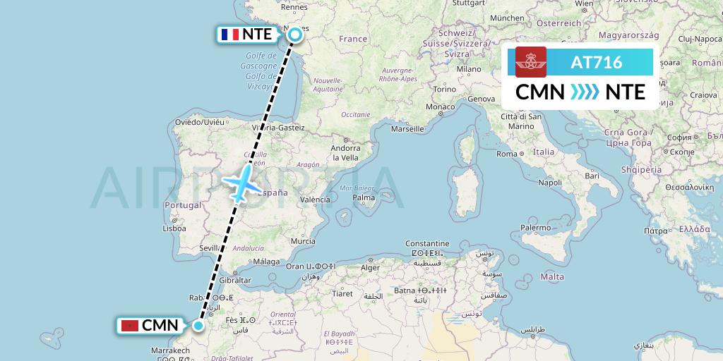 AT716 Royal Air Maroc Flight Map: Casablanca to Nantes