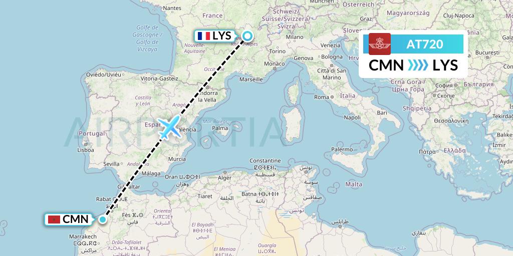 AT720 Royal Air Maroc Flight Map: Casablanca to Lyon