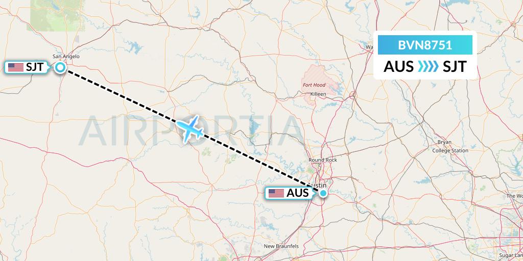BVN8751 Baron Aviation Services Flight Map: Austin to San Angelo