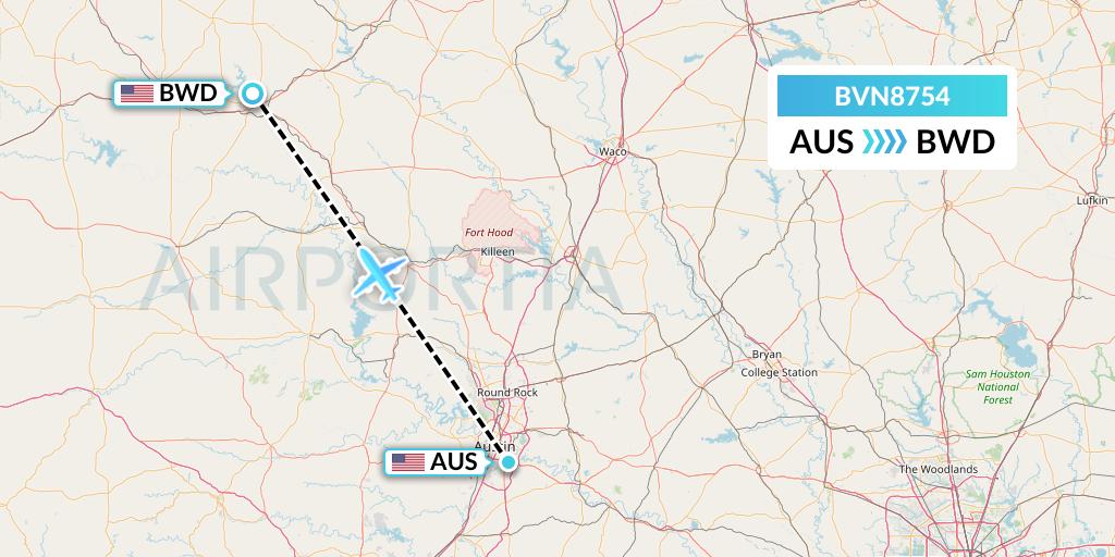 BVN8754 Baron Aviation Services Flight Map: Austin to Brownwood