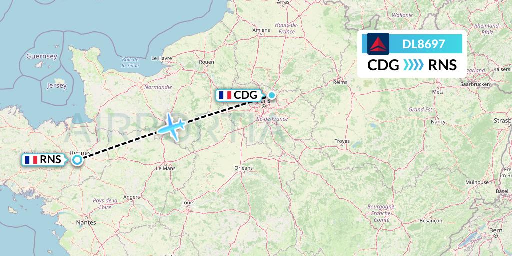 DL8697 Delta Air Lines Flight Map: Paris to Rennes