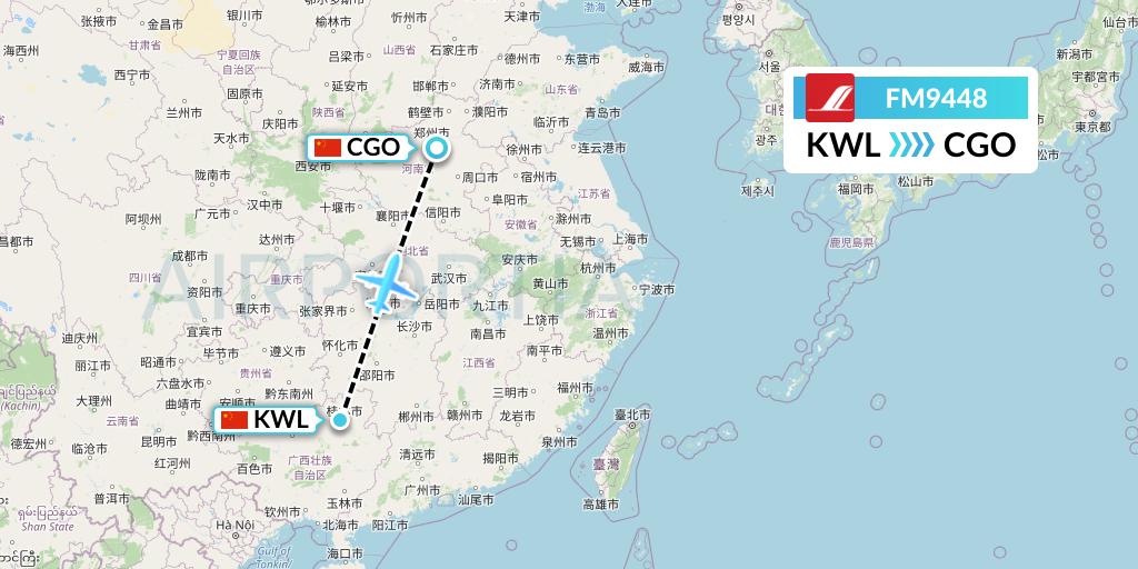 FM9448 Shanghai Airlines Flight Map: Guilin to Zhengzhou
