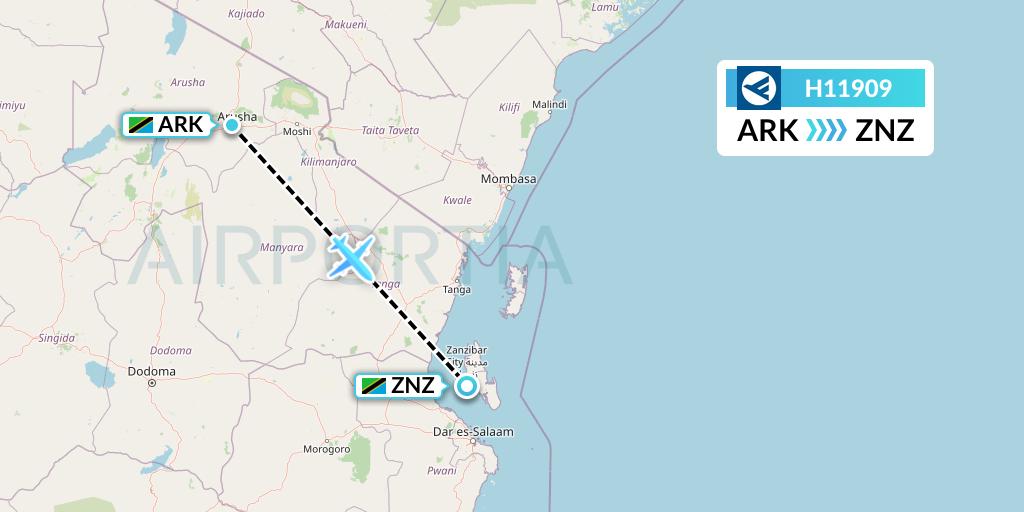 H11909 Hahn Air Systems Flight Map: Arusha to Zanzibar