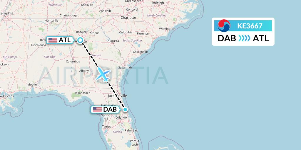 KE3667 Korean Air Flight Map: Daytona Beach to Atlanta