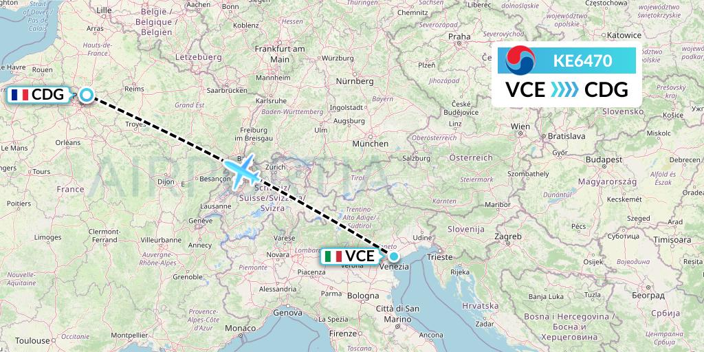 KE6470 Korean Air Flight Map: Venice to Paris