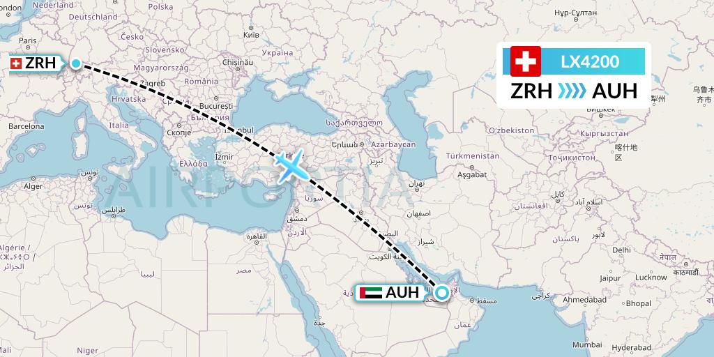 LX4200 Swiss Flight Map: Zurich to Abu Dhabi