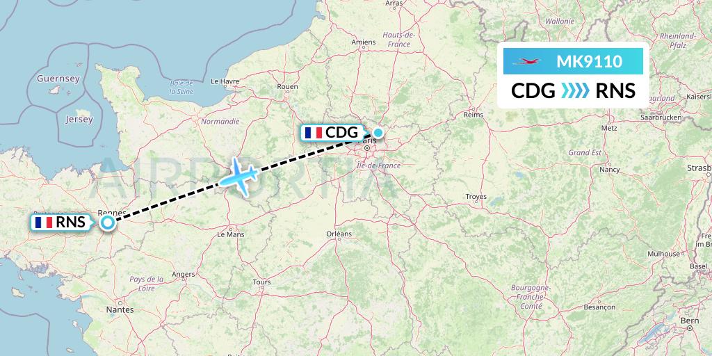 MK9110 Air Mauritius Flight Map: Paris to Rennes