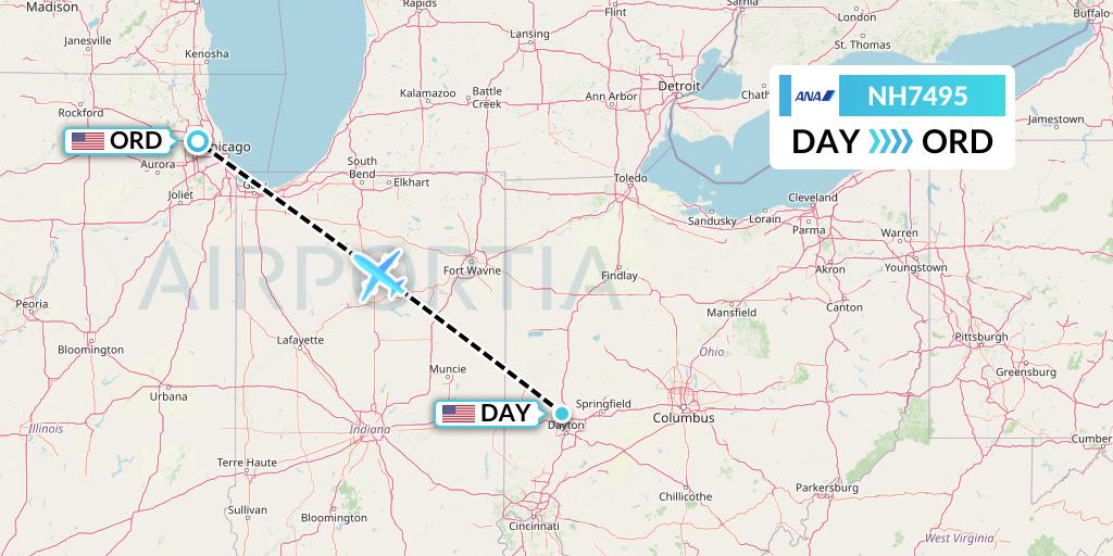 NH7495 All Nippon Airways Flight Map: Dayton to Chicago